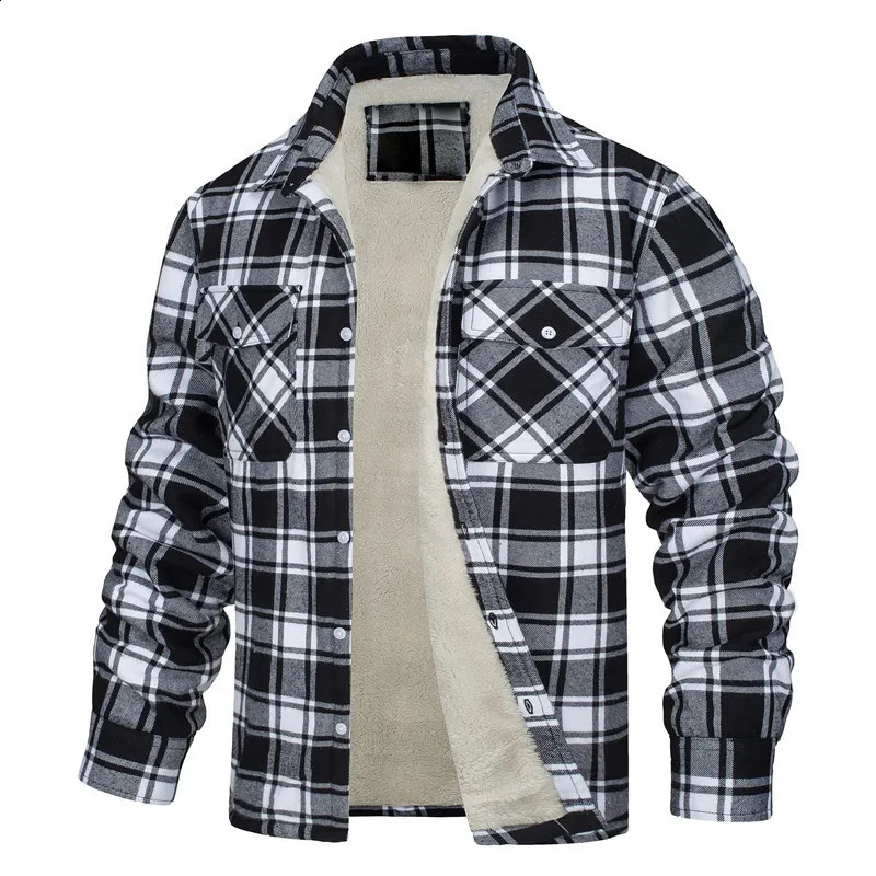Mens Winter Warm Thick Long Sleeve Lapel Plaid Lined Single Breasted Loose Fleece Jacket 240802