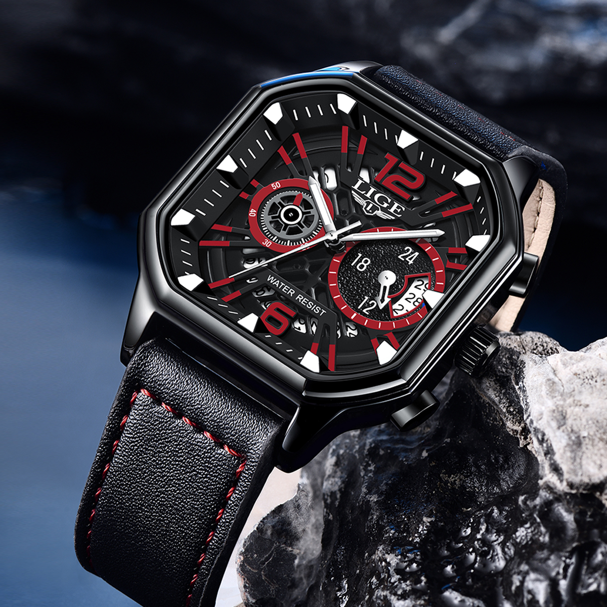 LIGE Men's Business Quartz watch Premium brand watch Premium leather strap Square dial Men's six-pin multi-function waterproof watch Holiday