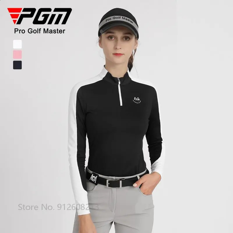PGM Female Long-sleeved Patchwork Golf T-shirt Zipper Collar Golf Tops Elastic Warm Polo Shirts Women Slim Windproof Sportswear 240729