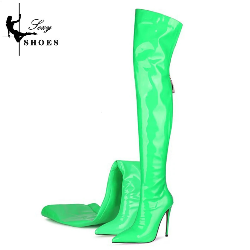 Over the Kenee Womens Boots Patent Leather Pointed Toe Stitching Zipper Womens Boots Sexy High Heels Sapatos Femininos 240802