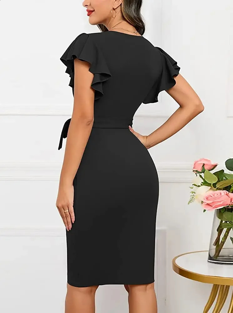 Bodycon Sexy Summer Dress Cocktail Faux Wrap Deep V Neck Ruffle Sleeve Ruched Party Work Formal Wedding Dresses for Women 240805
