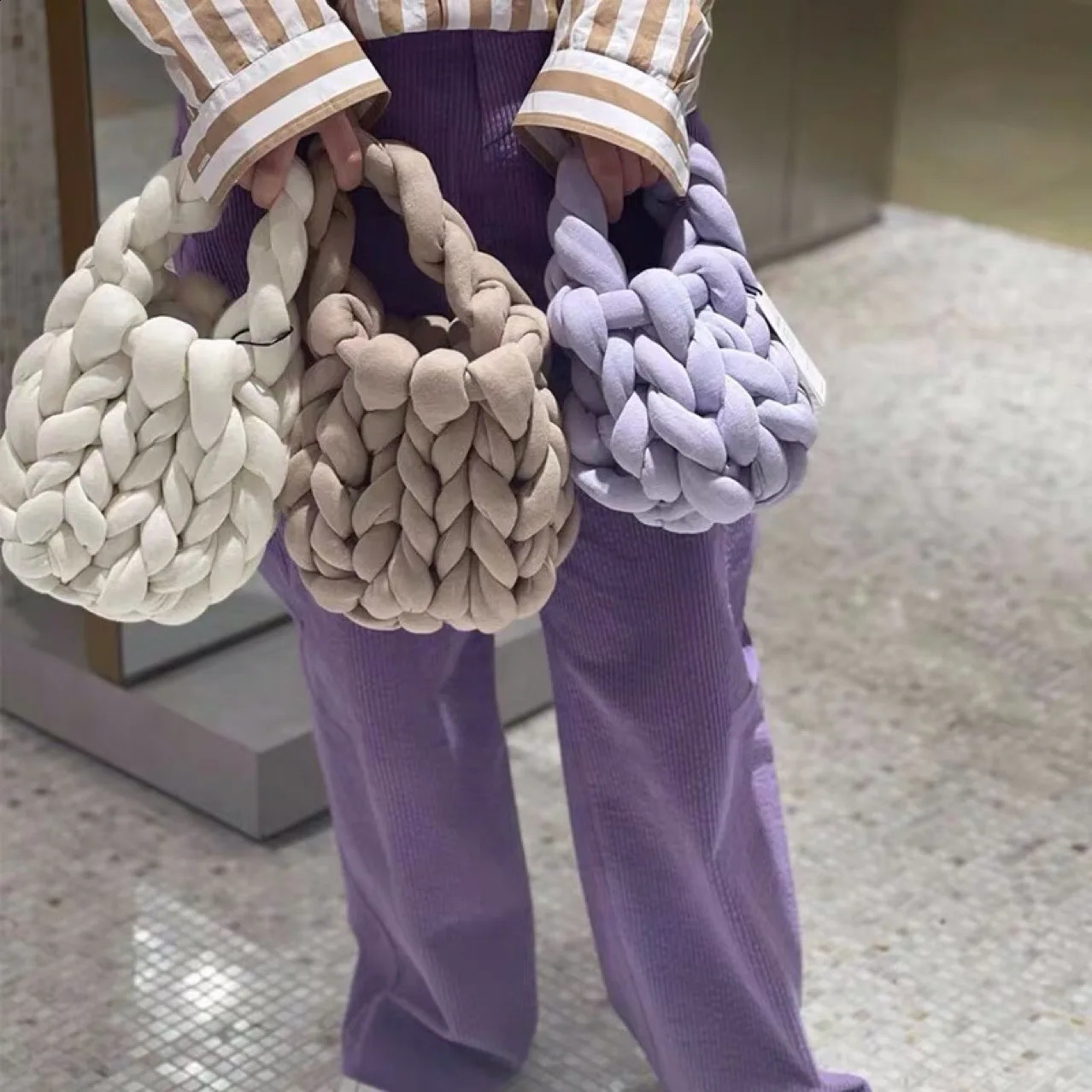 Women Fashion Manual Handbag Woven Bag Knitted Cute Casual Bucket Tote Country Style Simple Trend Clutches 240805