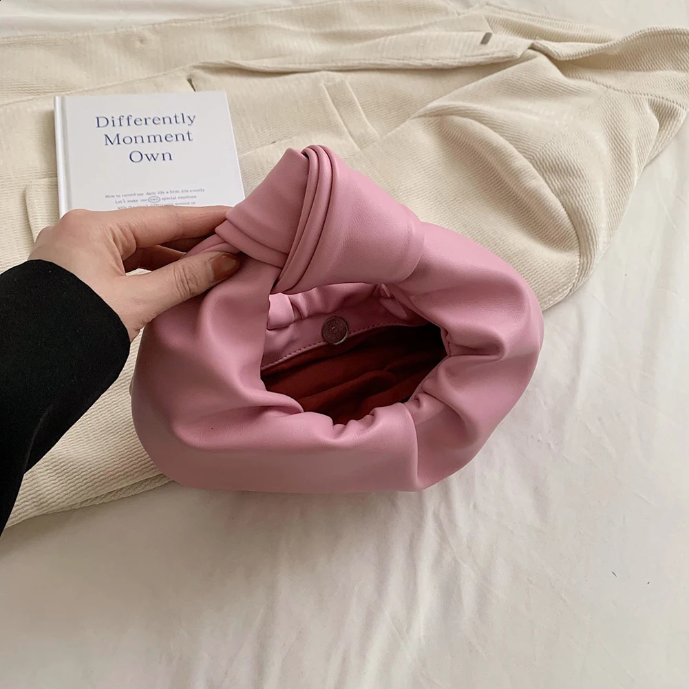 Women Small Knotted Handbags Solid Color PU Leather Knot Top Handle Bag Simple Cloud Wrist for Party Vacation 240802