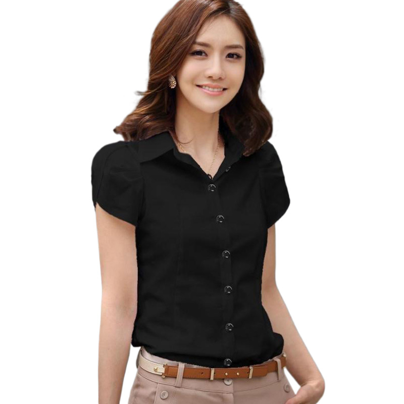 Wholesale-women v-neck fashion short-sleeved frock shirt office lady cotton blouse free shipping white&blue&pink