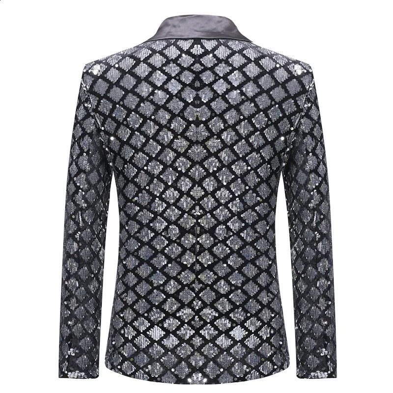 Silver Sequin Plaid Blazer Jacket Men Fashion Slim FIt One Button Dress Suit Blazer Male Party Wedding Stage Costume Homme 240805