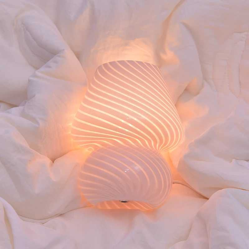 Ins Creative Glass LED Lamp Bedroom Bedside Table Night Light Striped Frosted Mushroom Table Simple Decoration Cute TranslucentM240731