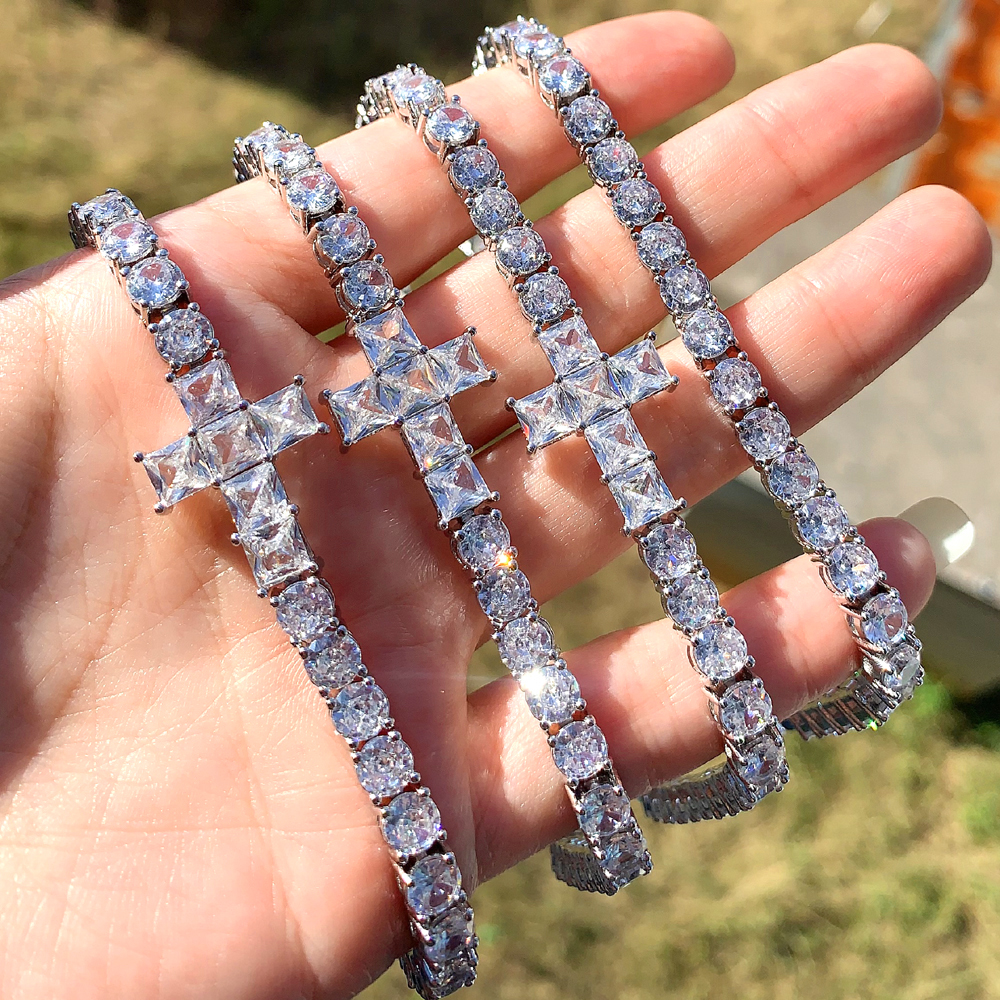 Mens Iced Out Bg Hip Hop Jewelry CZ Tennis Chain Cross Charm Bracelet Sparkg 5A Cubic Zirconia