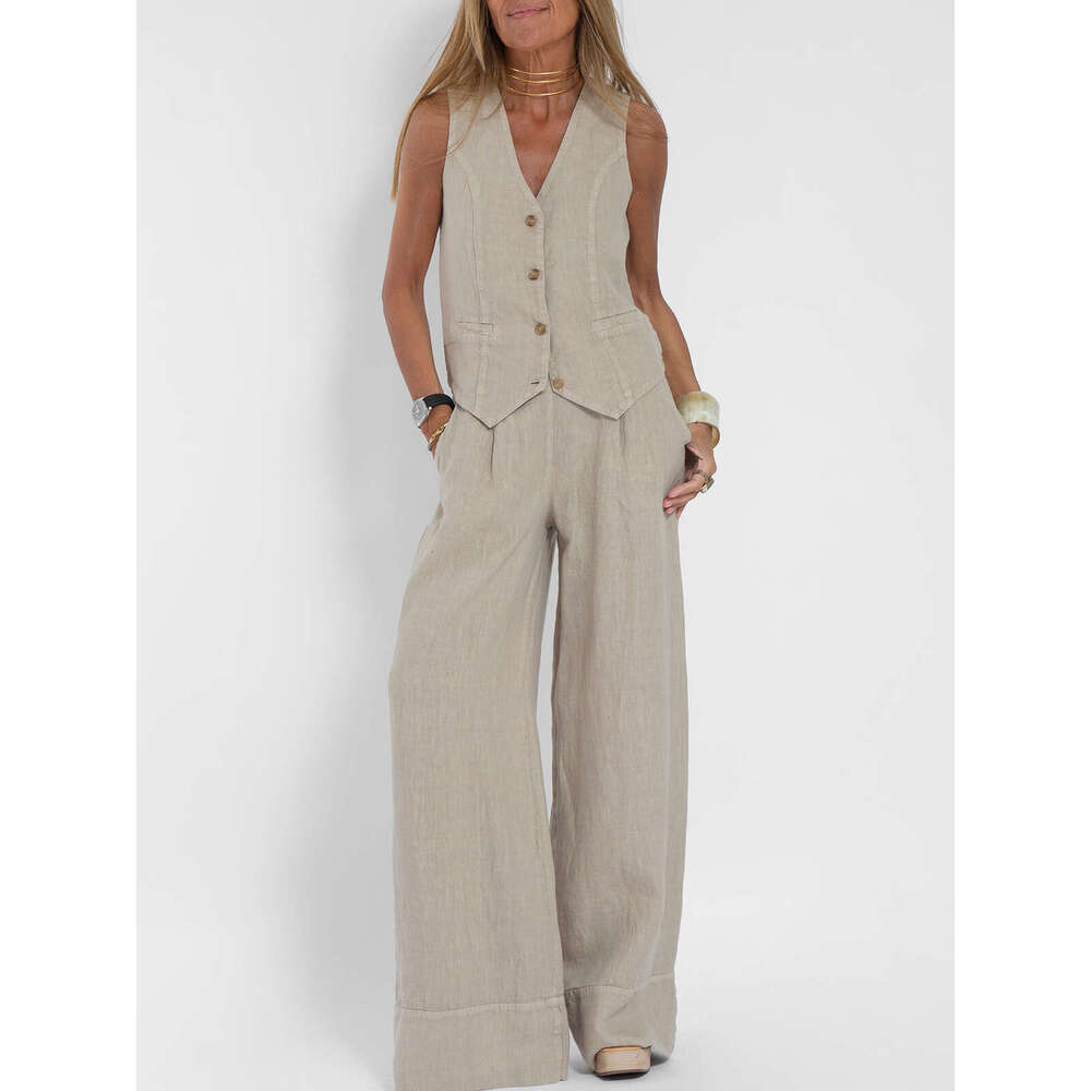 2024 New Fashion Vest Pants Splicing Cotton and Hemp Casual Set