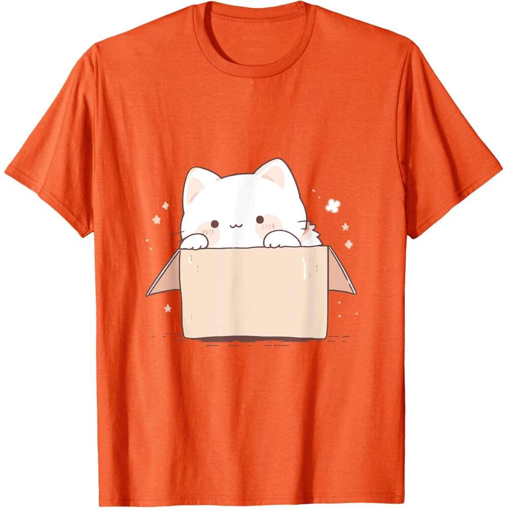 T shirt Mens Cute White Cat in a Box Japanese Kawaii Cartoon Graphic T-Shirt shirts tshirt graphic tee Casual tops summer clothes Short sleeve Free sh