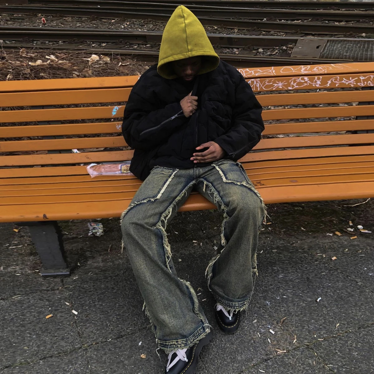 Streetwear Heavy Craft Washed Distressed Faded Jeans Flare Slim Straight Tassel Jeans for Men and Women Raw Edge Denim Pants 240805