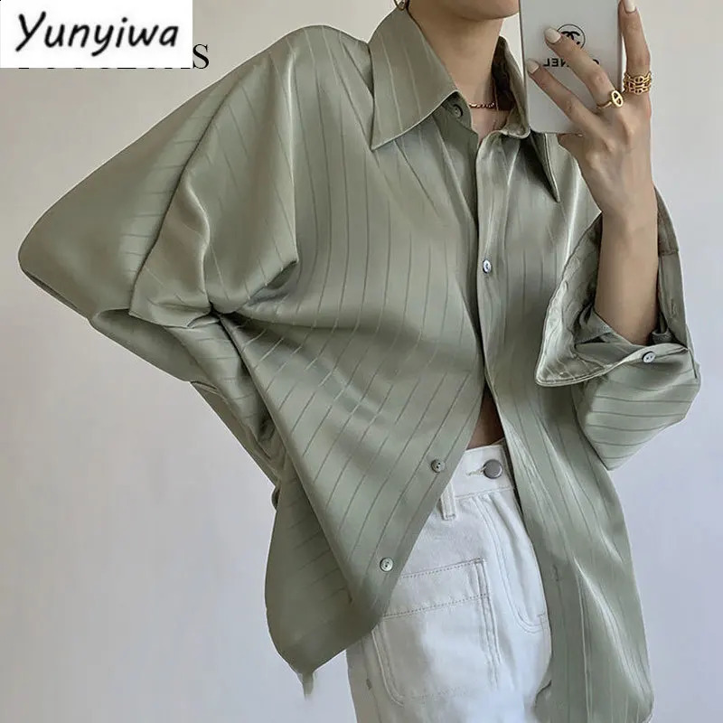 Fashion Striped Satin Silk Shirt Vintage Lapel Up Blouse Women Lady Long Sleeves Female Loose Solid Street Shirts 240805