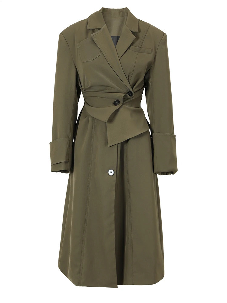 EAM Dark Green Irregular Trench Women Big Size Lapel Long Sleeve Loose Fit Windbreaker Fashion Spring Autumn 1DE27950 240805