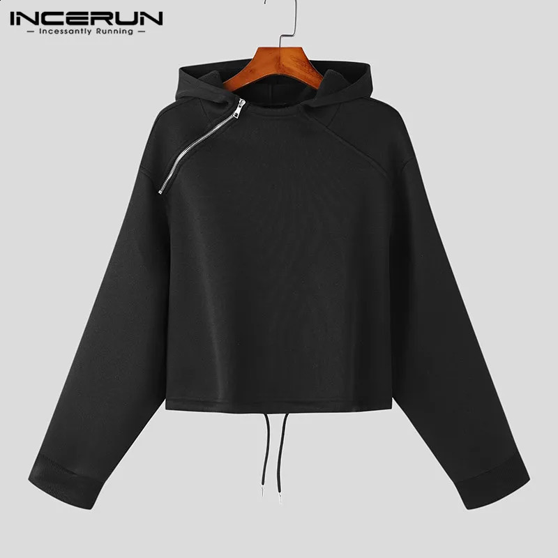INCERUN Men Hoodies Solid Color Zipper Hooded Long Sleeve Streetwear Fashion Casual Sweatshirts Personality Crop Tops S-5XL 240805