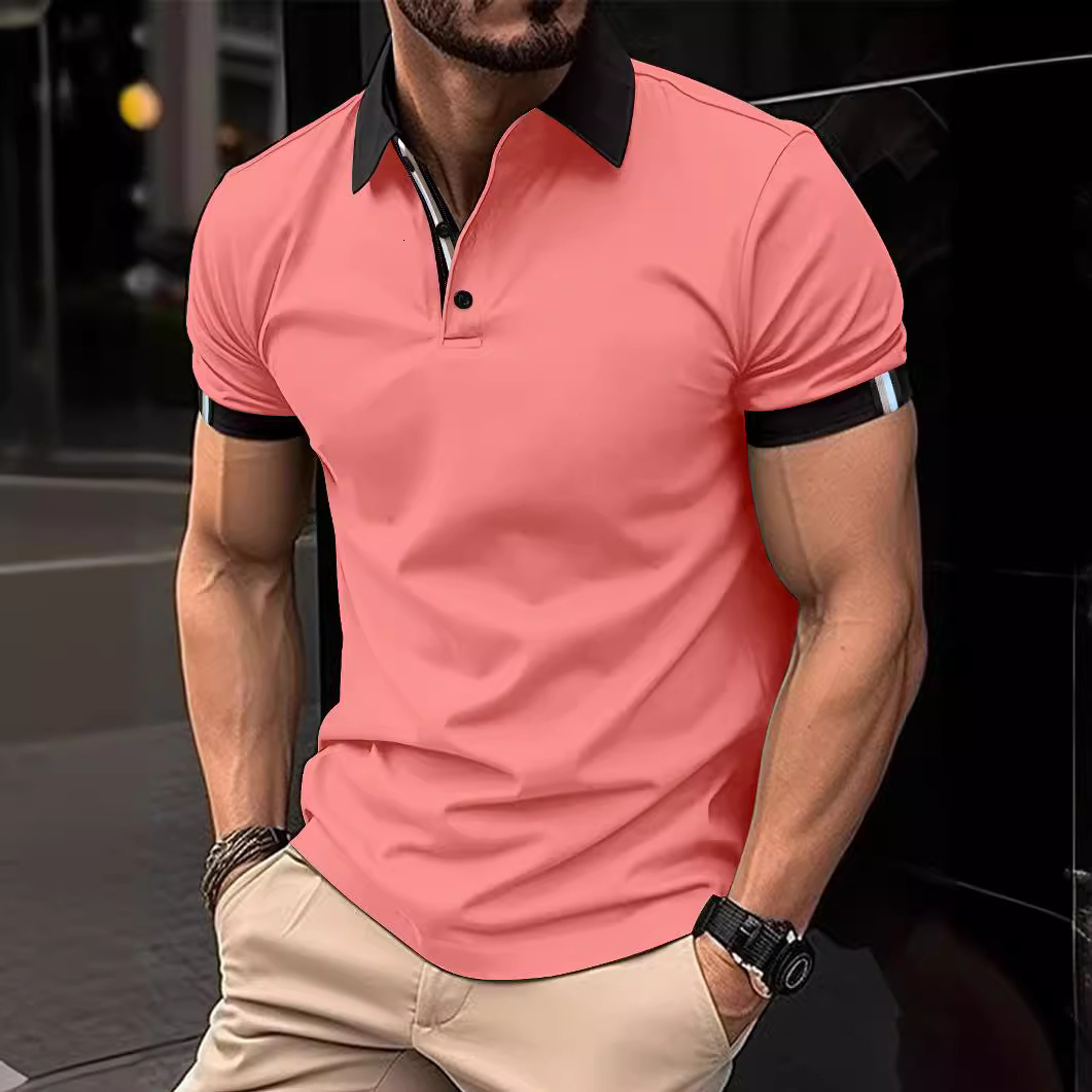 2023 Spring Button Polo Shirt Solid Color Short Sleeve Collar T-shirt Casual Fit Top Men's Wear