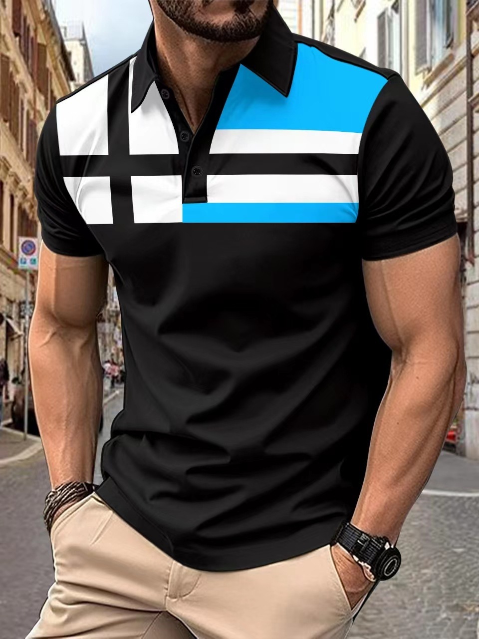 2024 short sleeved striped 3D printed Polo casual men's top