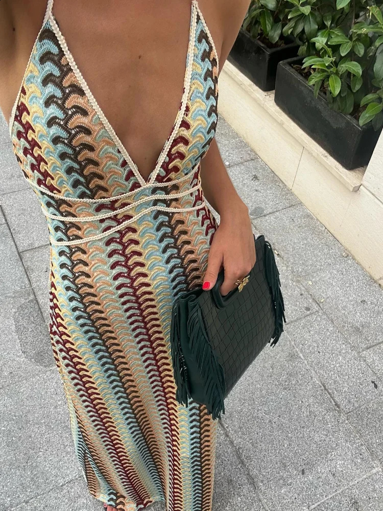 Deep V-neck Summer Dresses For Women Sexy High Waisted Sleeveless Backless Halter Vestidos 2024 Lady Elegant Party Prom Gown 240805