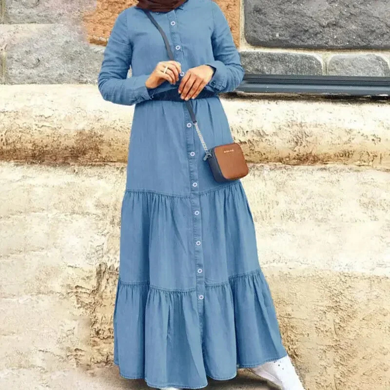 Womens S-5XL size European American and British denim dresses s stand up collar denim button long dress loose 240805