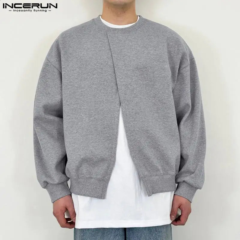 Men Hoodies Solid Color O-neck Long Sleeve Split Casual Sweatshirts Korean Streetwear Loose Male Pullovers S-5XL INCERUN 240805