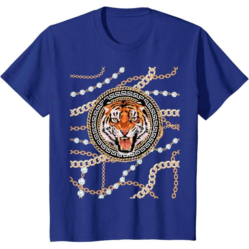 T shirt Mens Rich Wild Tiger with Printed Gold Chains Diamonds Style T-Shirt shirts tshirt graphic tee Casual tops summer clothes Short sleeve