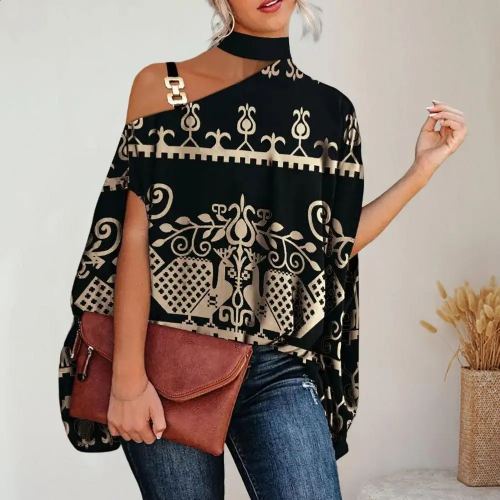 Elegant One-Shoulder Vintage Print Blouse | Autumn Loose Baggy Pullover Top B4