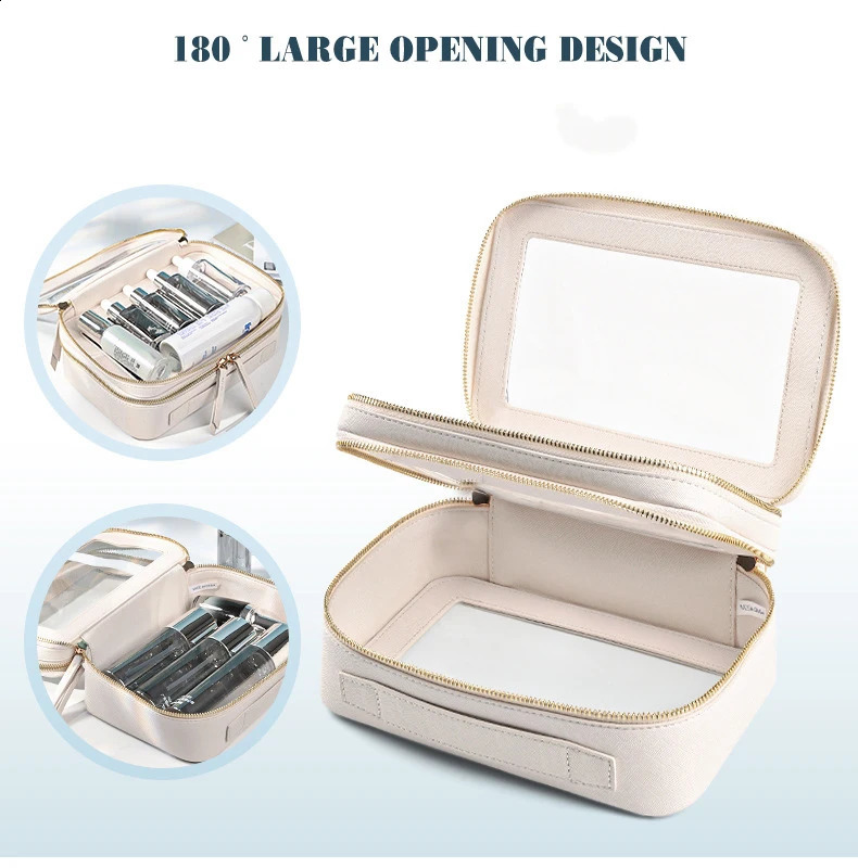 Double layer Saffiano leather makeup organizer toilet storage bag transparent PVC travel makeup bag 240805