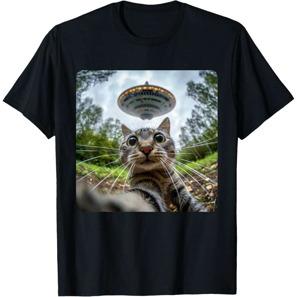 Fashion T shirt Mens Extraterrestrial Encounter: Cat Selfie with Alien UFO T-Shirt shirts tshirt graphic tee Casual tops summer clothes Short sleeve F