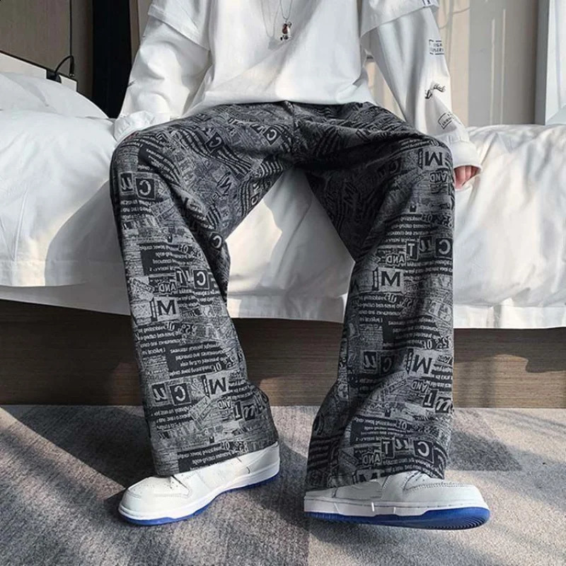 Spring And Autumn Trendy Retro Printed Hip Hop Plus-size Wide-leg Pants Loose Casual Straight Leg Pants Y2k Men Plus-size S-5XL 240805