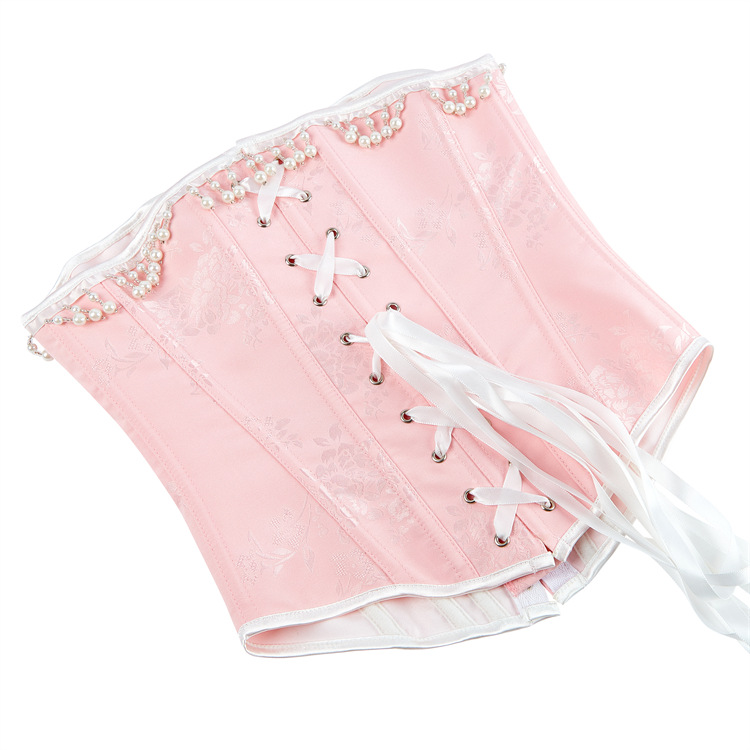 Women Pink Brocade Jacquare Overbust Corset with Pearl Beaded Tassels Fashion Shapewear Elegant Christmas Showgirl Clubwear Shaper