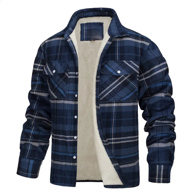 Mens Winter Warm Thick Long Sleeve Lapel Plaid Lined Single Breasted Loose Fleece Jacket 240802