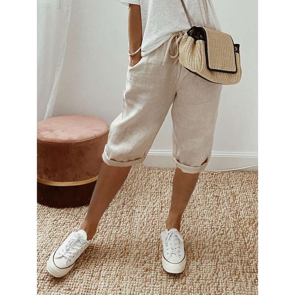 2024 Cotton and Hemp Pocket Elastic Casual Womens Pants 5/4 Nine Points Plaid Trousers Hip-hop Style Jeans for Pregnant Women Half Pants for Men