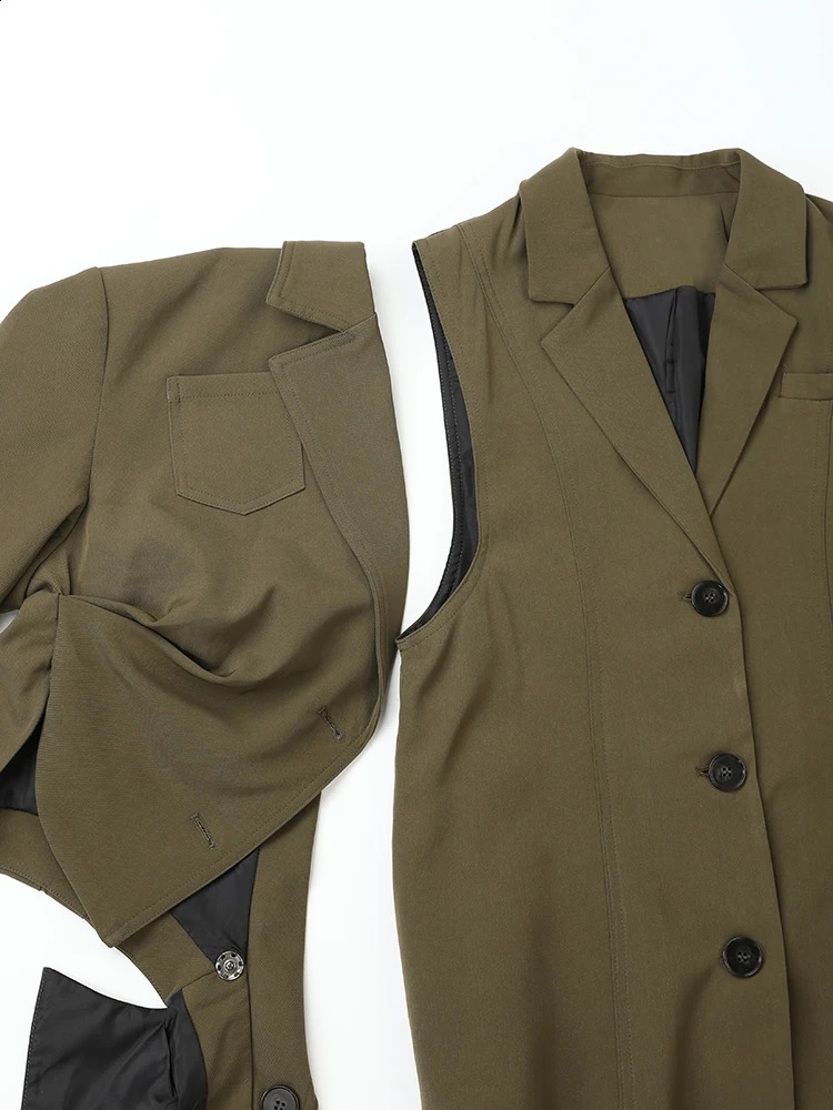 EAM Dark Green Irregular Trench Women Big Size Lapel Long Sleeve Loose Fit Windbreaker Fashion Spring Autumn 1DE27950 240805