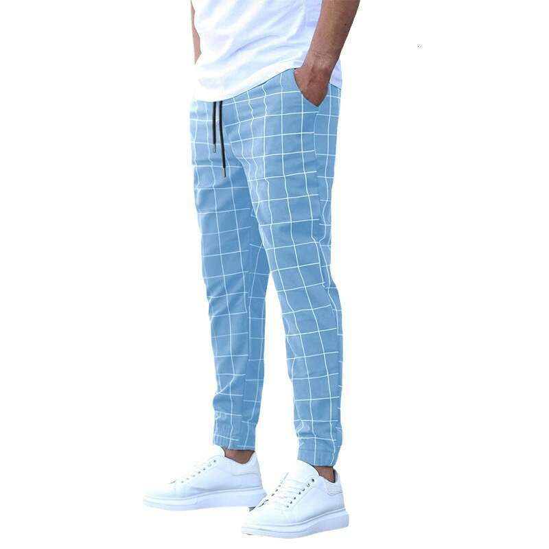 2024 New Street Trendy Checkered Casual Fashionable Perforated Rope Pants Simplicity Bound Feet Harlan Sweatpants Half Pants for Men Jeans for Pregnan