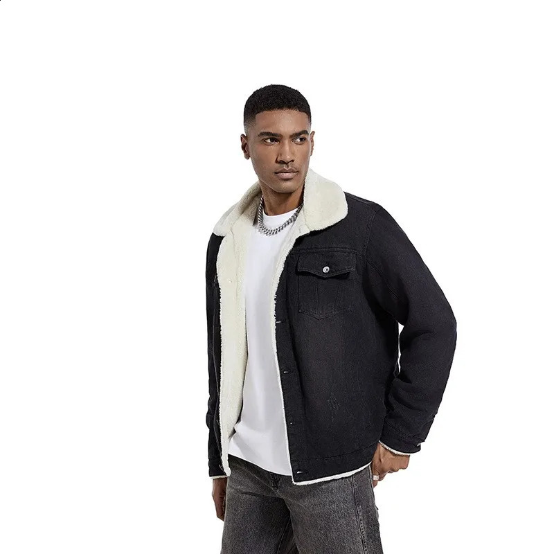 American casual retro mens denim jacket winter wool thick warm windproof fashion lapel 240824