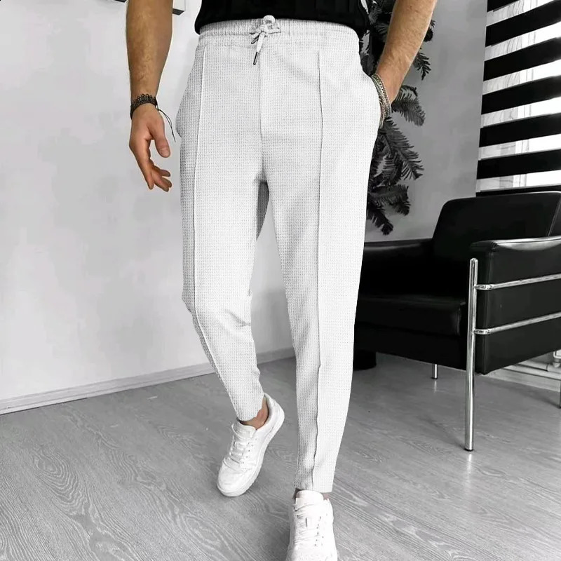 European American Summer Mens Clothing Casual Fashion Waffle Drawstring Sporty Simplicity Trousers 240805