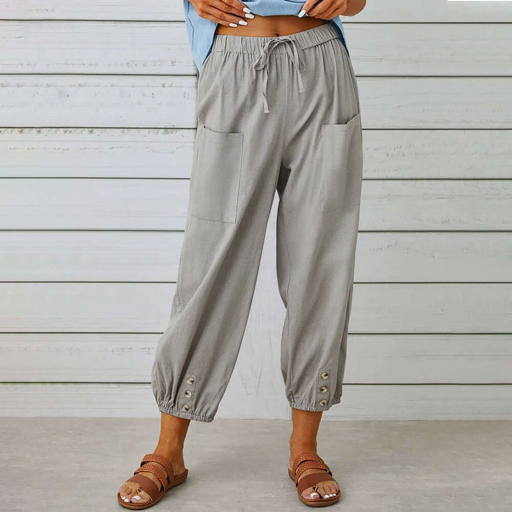 2024 New Loose High Waist Button Cotton Hemp Cropped Wide Leg Womens Pants Cotton Trousers Breathable Nine Points Sport Men Pants Cotton Gold Velvet P