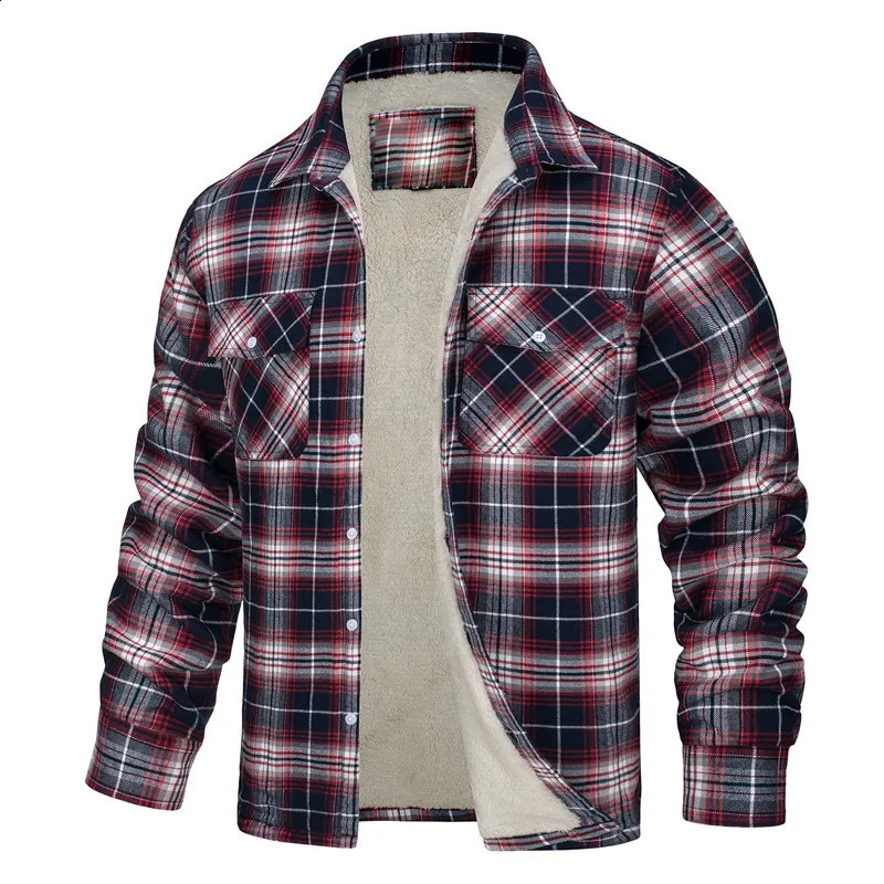 Mens Winter Warm Thick Long Sleeve Lapel Plaid Lined Single Breasted Loose Fleece Jacket 240802