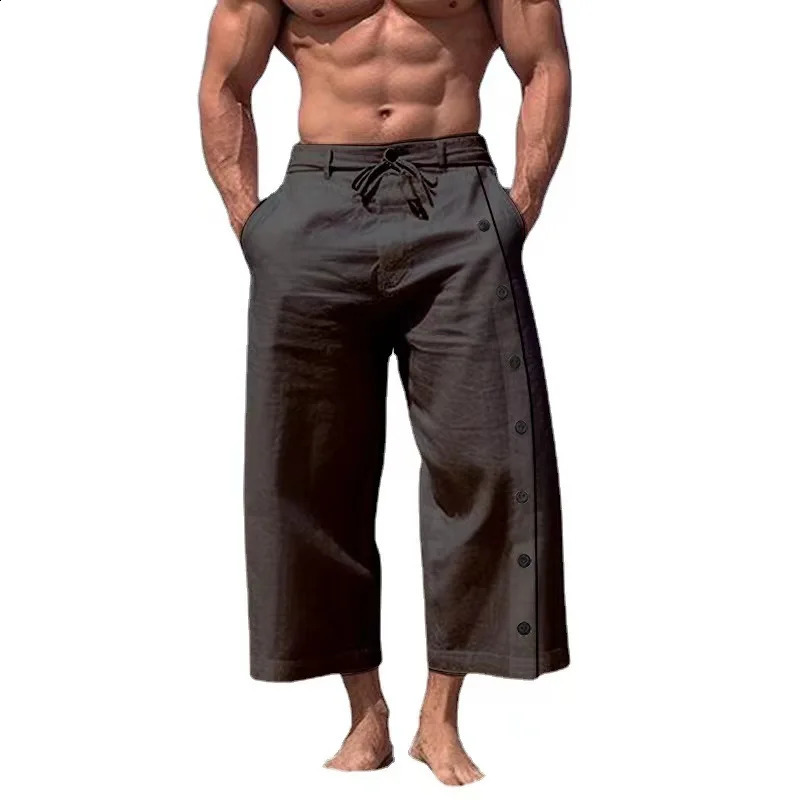 Spring Summer Fashion Vintage Men Cotton Linen Pants Side Buttoned Solid Trousers Casual Loose Male Oversized Wide Leg Pants 240805