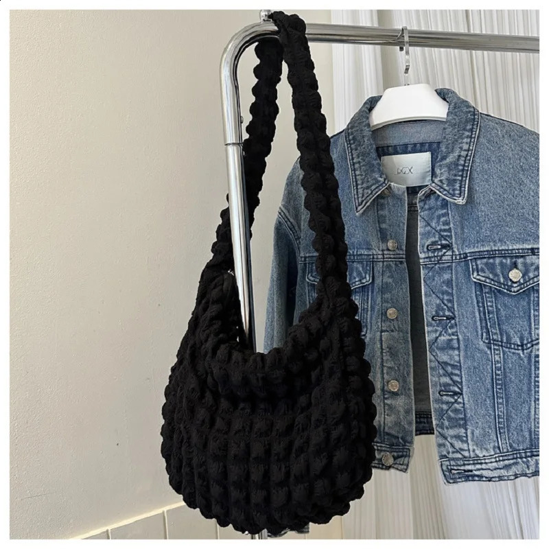 Plaid Quilted Shoulder Bag Cute Pleated Bubbles Large Capacity Underarm Embroidered Solid Color Crossbody Women 240802