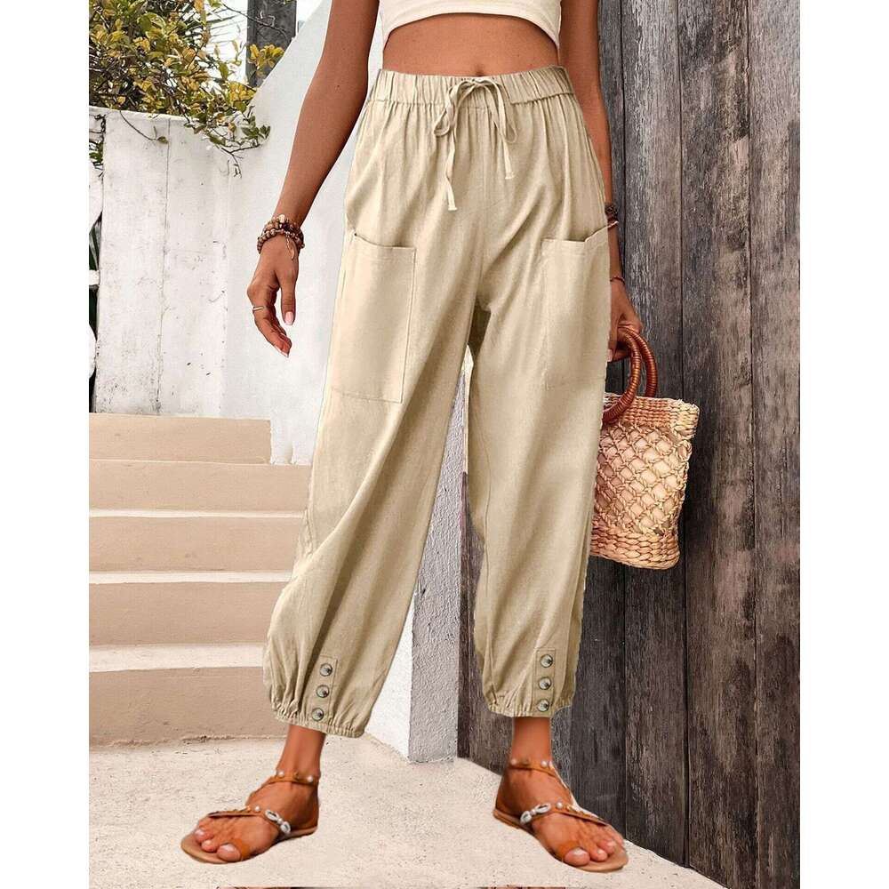2024 Loose Fit High Waisted Buttoned Cotton and Linen Cropped Pants Wide Leg Womens Pants Straight Tube Waterproof Trousers Man Pants Trousers Cartoon