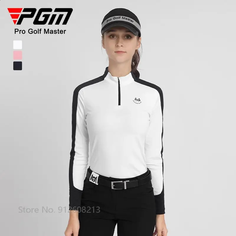 PGM Female Long-sleeved Patchwork Golf T-shirt Zipper Collar Golf Tops Elastic Warm Polo Shirts Women Slim Windproof Sportswear 240729