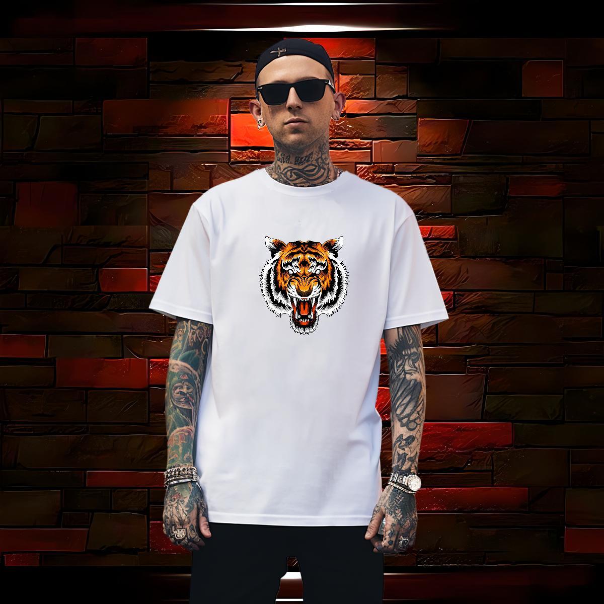 T Shirts Men 230g 100% Cotton tiger Hip Hop Crew Neck Oversized Men Tops Tees Customized Loose Tops Shirt