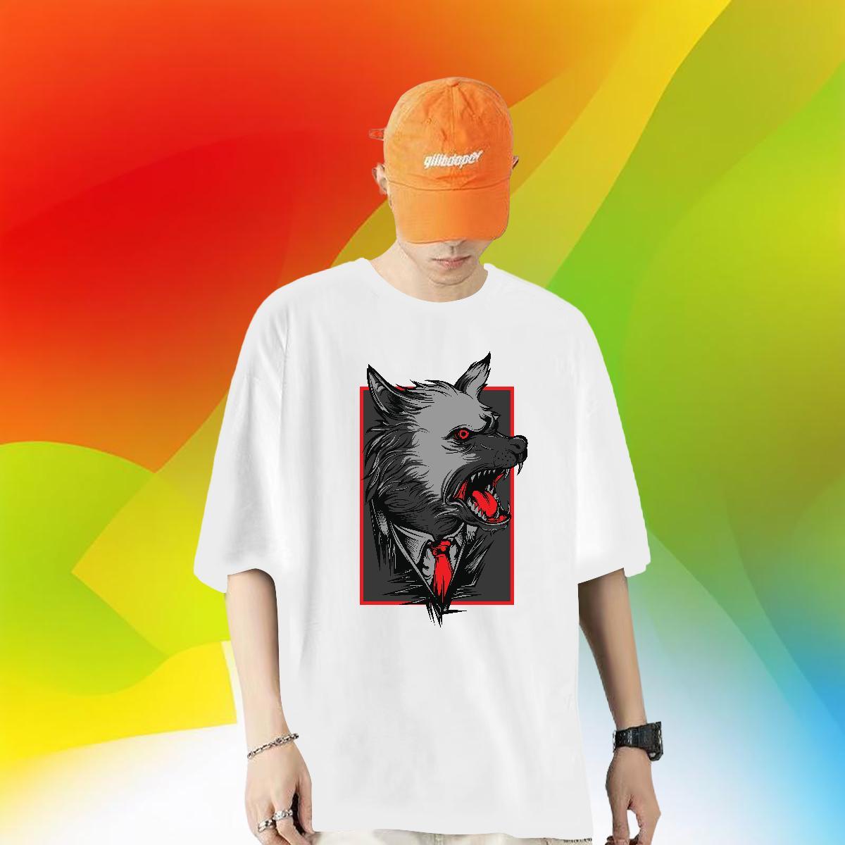 Fashion New Man T Shirts 230g 100% Cotton wolf Hip Hop Street Polos Crew Neck Breathable Comfortable Men Tees Custom Anime