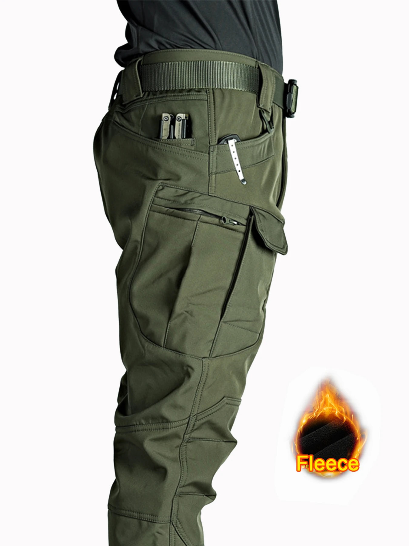 Flap Pocket Mens Fleece Straight Leg Cargo Pants Loose Casual Tactical Work For Hiking Climbing 240806