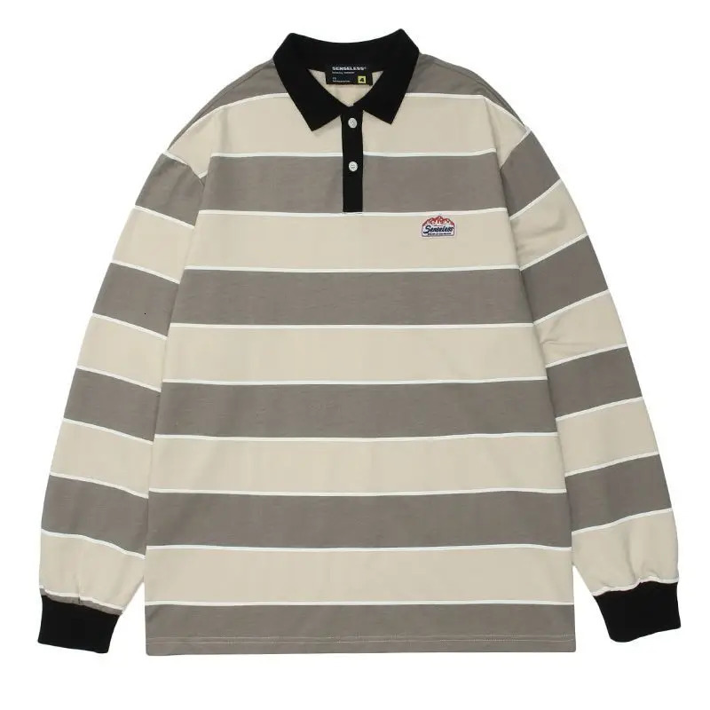 Cotton Japanese retro striped long-sleeved POLO shirt tops for men and women loose trendy couple BF style lapel sweatshirt 240806