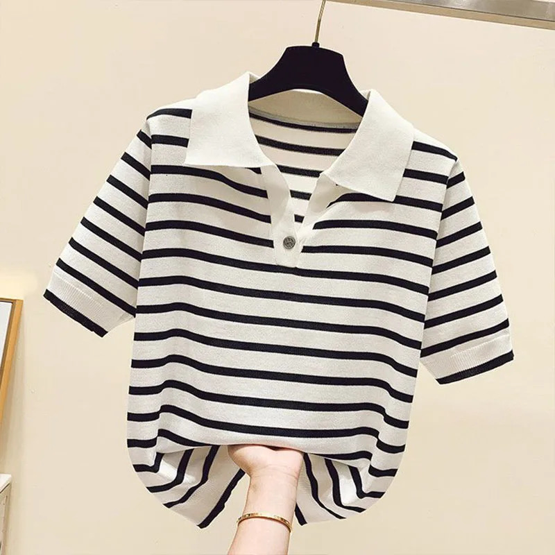 Women Clothing Fashion Polo-neck Striped Short Sleeve T-shirts Summer Vintage Button Sweet Knit Top Office Lady Loose Pullovers 240806