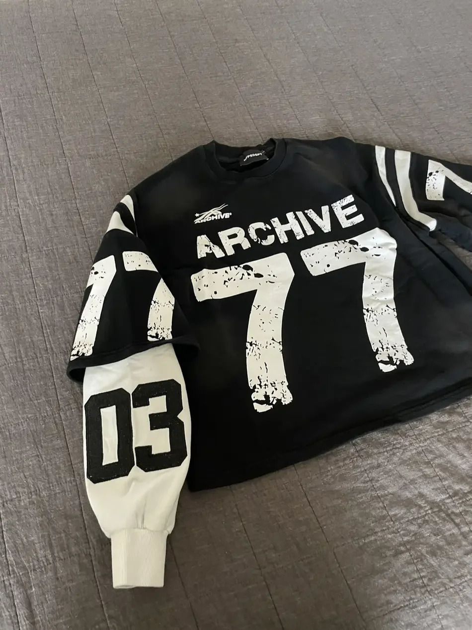 Personalized contrasting color splicing printed T-shirt American street loose casual long-sleeved letter pattern y2k T-shirt 240806