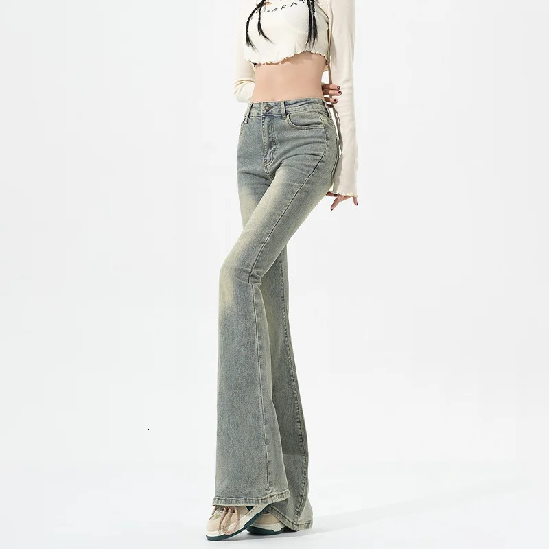 Vintage Blue Flare Women Summer High Waist Slim Skinny Jeans Denim Trousers Korean Style Strt Strtwear Y2K Z260313