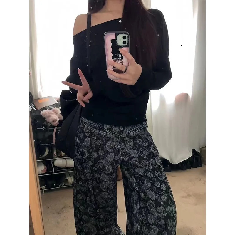 Womens Flower Print Baggy Jeans Vintage Cowboy Pants Harajuku Straight Denim Trousers Y2k Trashy Japanese 2000s Style Clothes 240806