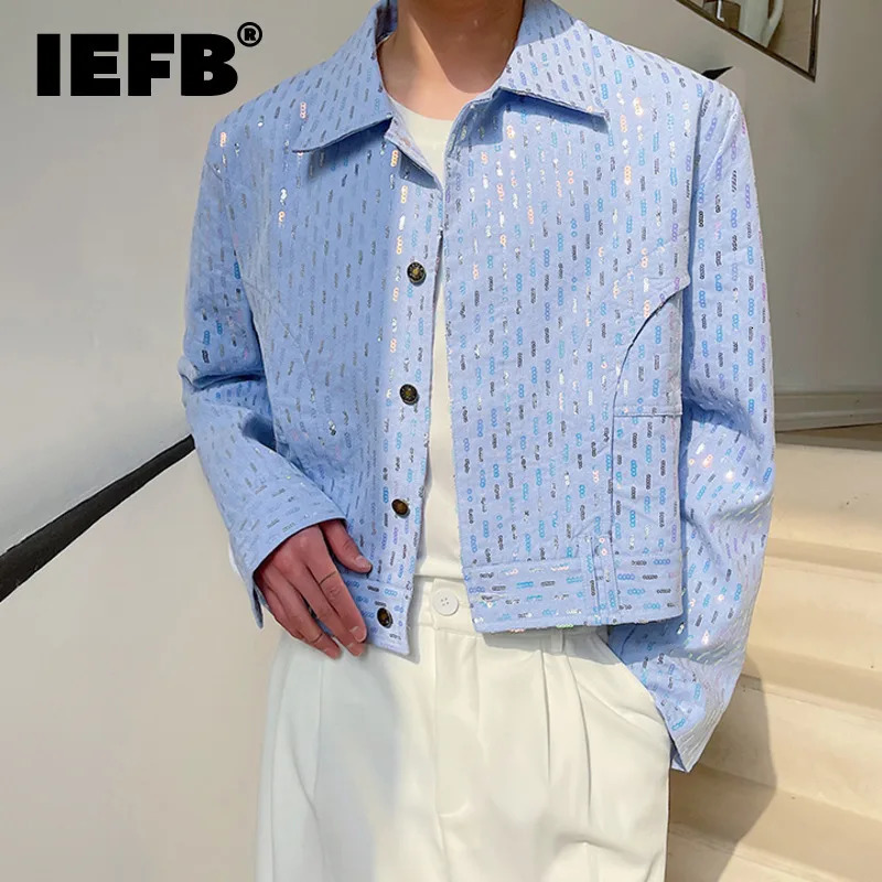 IEFB personalized lapel single chest sequin solid color short sleeved mens clothing autumn item 9A1279240806
