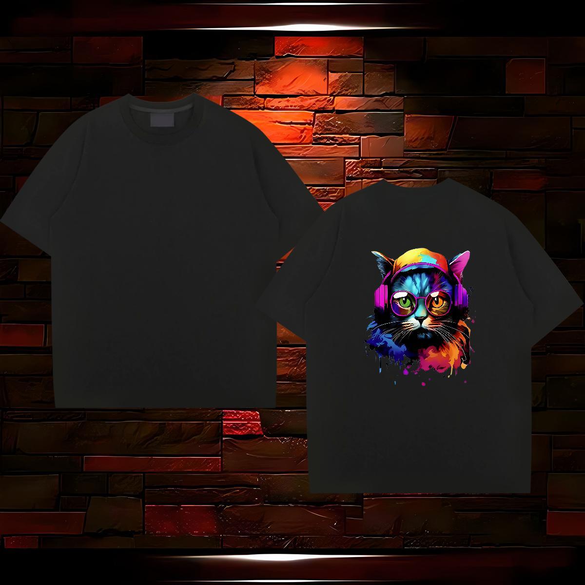 New Arrival T shirt 230g 100% Cotton colorful cat Hip Hop Tops Short Sleeve O-Neck Loose Fit Men Tshirts Customized
